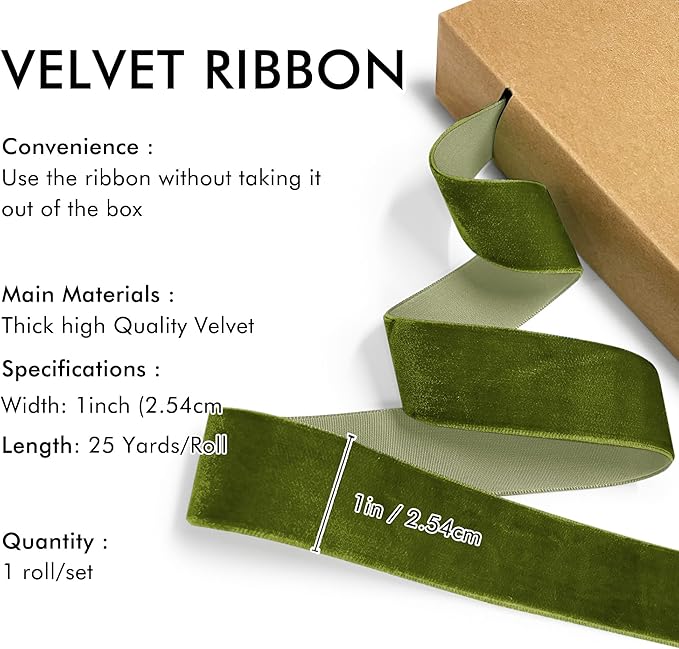 Olive Green Velvet Ribbon 1'' 25 Yards - Image 2