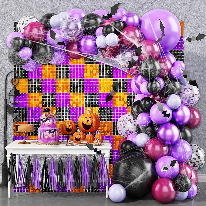 24PCS Black Orange Purple Shimmer Wall Backdrop, Halloween Square Sequin Photo - Image 3
