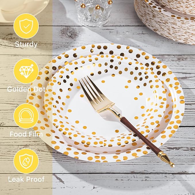 Lullaby 200PCS White Paper Plates, Disposable White and Gold Paper Plates - Image 3