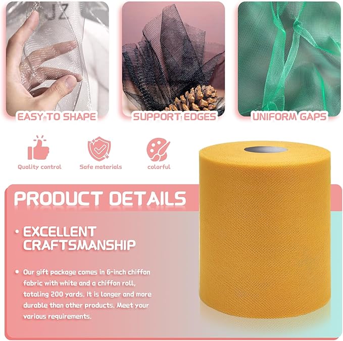 6" x 200 Yards Gold Tulle Fabric Rolls - Image 3