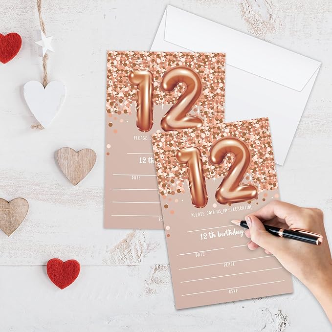 12th Birthday Invitation Cards, Rose Gold Glitter 12th Birthday Party Invites - Image 3