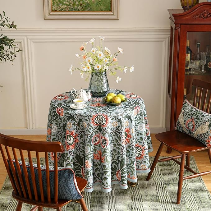 ISAENNE Designer Bohemian Linen Green Small Round Tablecloth, Floral Indoor - Image 6