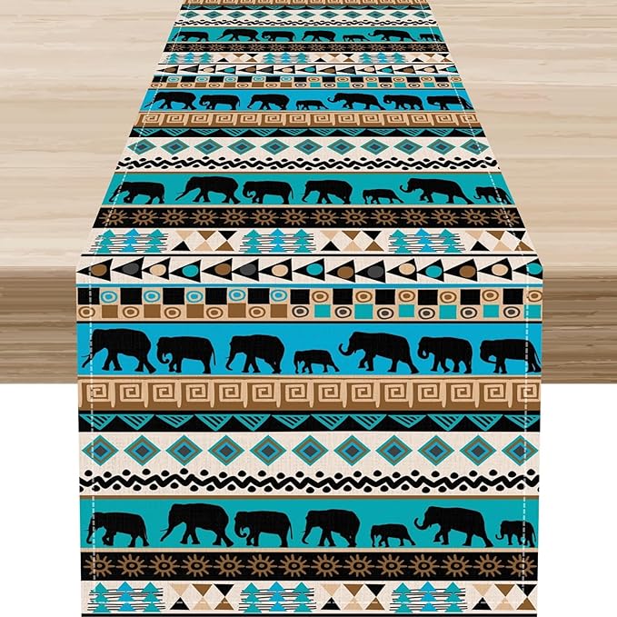 Boho Table Runner, Rustic Aztec Blue Teal African Elephant Tribal Ethnic Native by Unknown