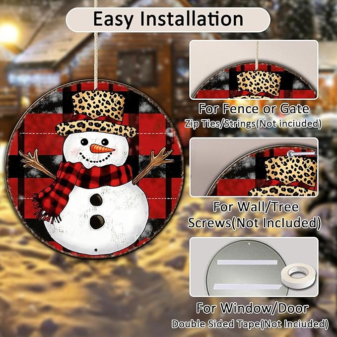 Round Christmas Snowman Tin Sign Vintage Snowman Sign Rustic Wall Decor - Image 3