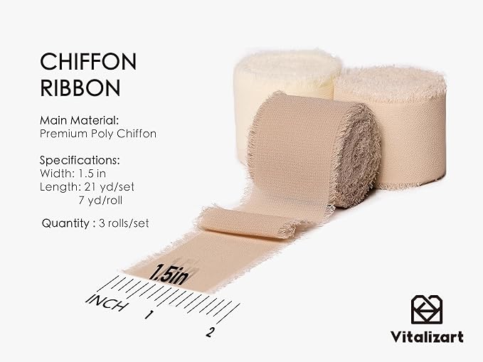Vitalizart White Handmade Chiffon Silk Ribbon Fringe 1.5" x 21 Yd Nude & Ivory - Image 2