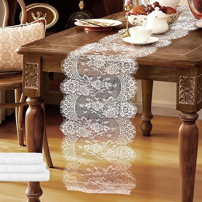 3 Pcs White Lace Table Runners 14 x 120 Inch Boho Rose Embroidered Floral by Unknown