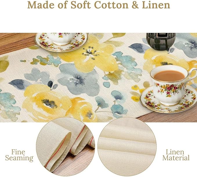 Watercolor Floral Table Runner, Seasonal Summer Yellow Flower Print Kitchen - Image 4