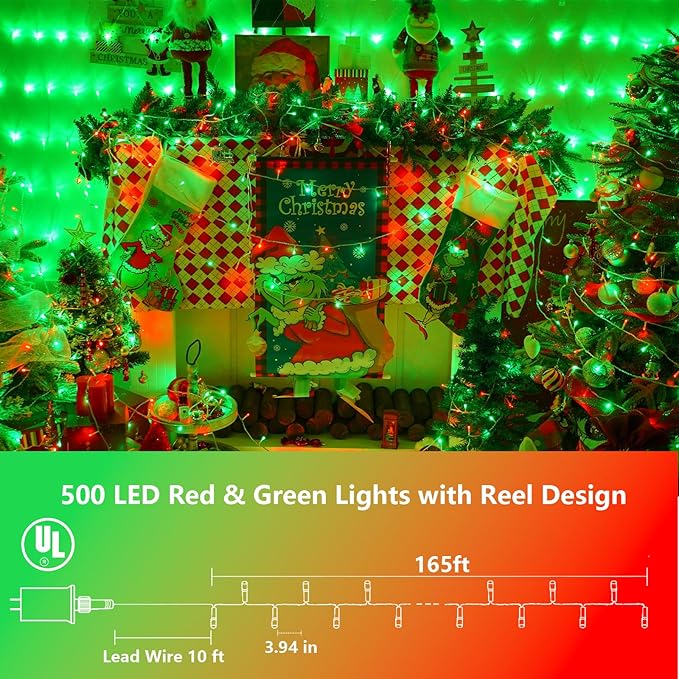 YEGUO 165ft 500 LED Red and Green Christmas Lights Outdoor Waterproof, 8 Modes - Image 2