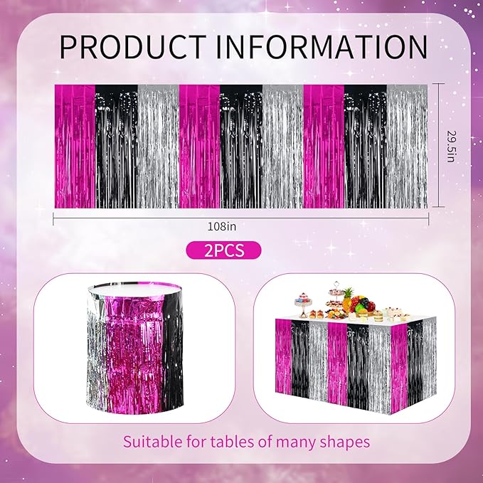 BEISHIDA 2 Pack Hot Pink Black Silver Table Skirts Party Decorations Metallic - Image 2