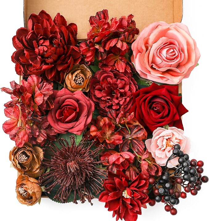 Artificial Flowers Combo Box Set Burgundy Silk Flowers by Garisey
