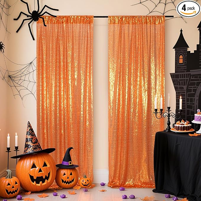 Poise3EHome 4Pcs 2Ft x 8Ft Orange Sequin Backdrop Curtains, Glitter Photography by Poise3EHome