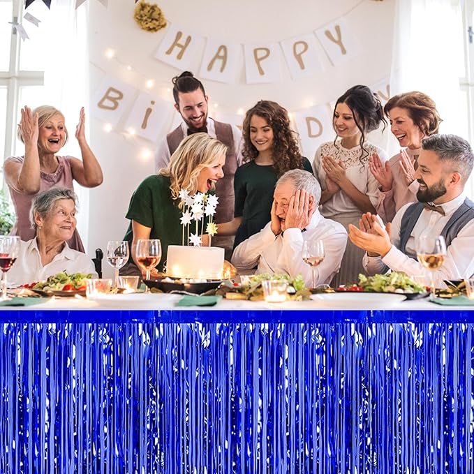 3 Pack 29 x108 Inch Blue Foil Fringe Table Skirts Metallic Banner - Image 5