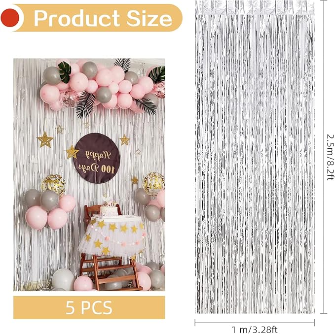 5 Pack Silver Fringe Backdrop 3.2ft x 8.2ft Silver Foil Fringe Curtains Party - Image 3