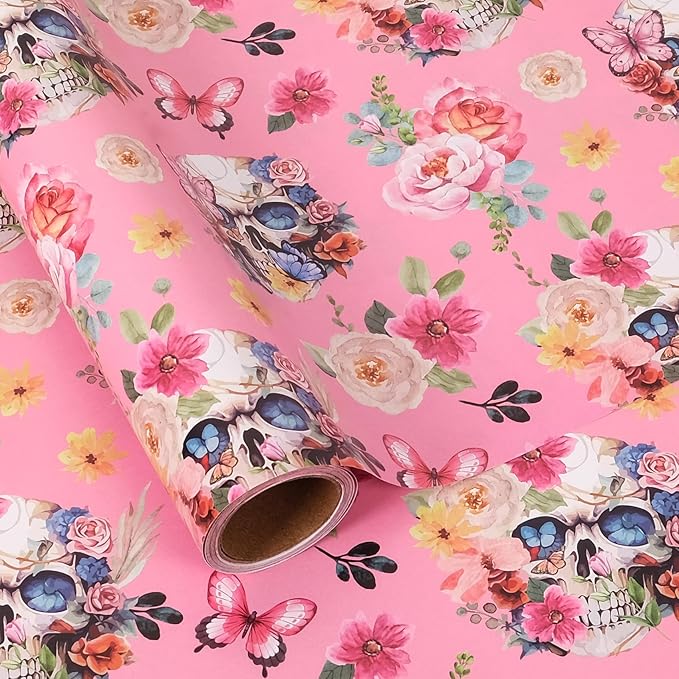 Aimyoo Gothic Wrapping Paper Roll, 17 Inch X 16.5 Feet Skull Floral Butterfly by Aimyoo