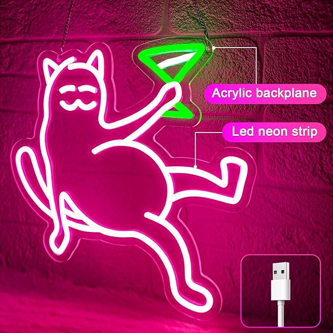 Cat Neon Sign for Wall Decor, Cat Holding Cocktail Neon Lights for Bedroom - Image 2