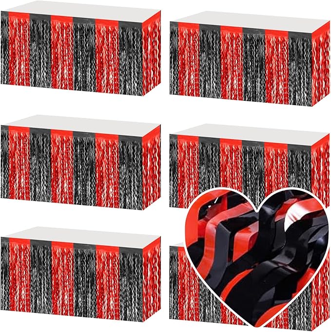 6 Pack 29x108 Inch Black Red Wave Foil Fringe Table Skirts Metallic Banner by Mebiornt