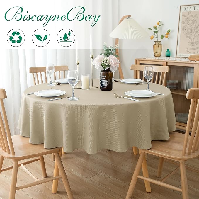 Biscaynebay Textured Fabric Round Tablecloths 70", Natural Water Resistant - Image 2