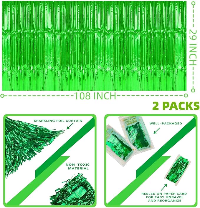 Green Streamers Party Decorations, 2 Packs Green Table Skirts Metallic Foil - Image 2