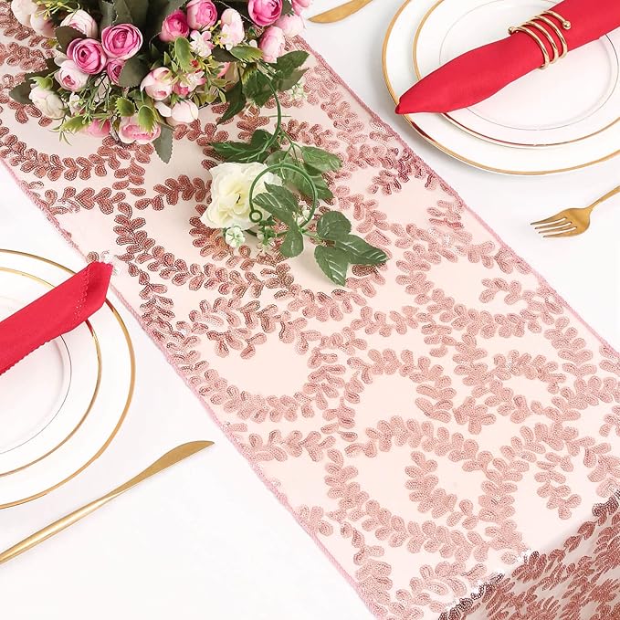 Sequin Table Runners 2 Pieces Rose Gold Flower Table Runners 12x72 Inch Glitter - Image 6