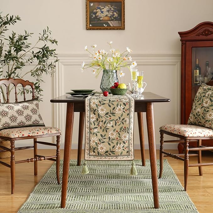 ISAENNE Designer Green Elegant Linen Table Runner 71 Inches Long, Flower and - Image 3
