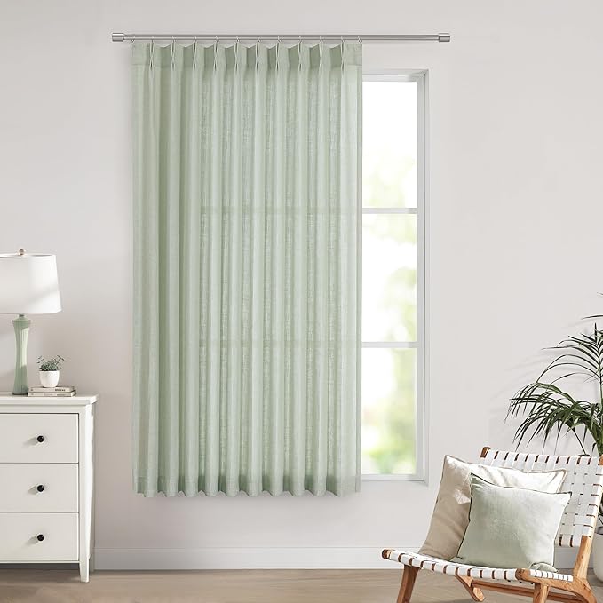 Vision Home Soft Green Pinch Pleated Semi Sheer Curtains Textured Linen Blended by VisionHome