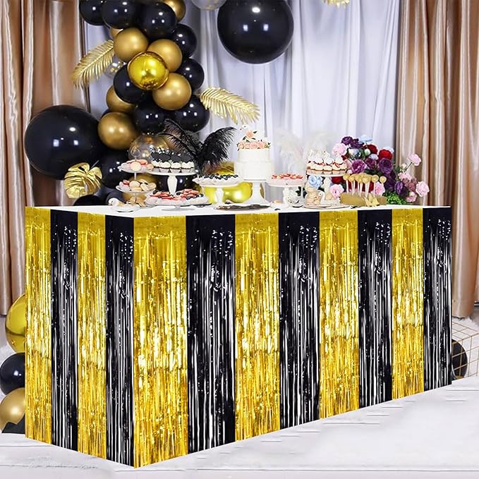 BEISHIDA 2 Pack Black Gold Table Skirts Party Decorations Metallic Tinsel Foil - Image 5