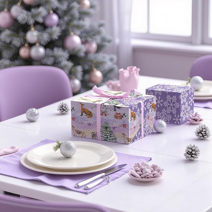 LeZakaa Christmas Reversible Wrapping Paper Roll, Watercolor Winter Forest - Image 3