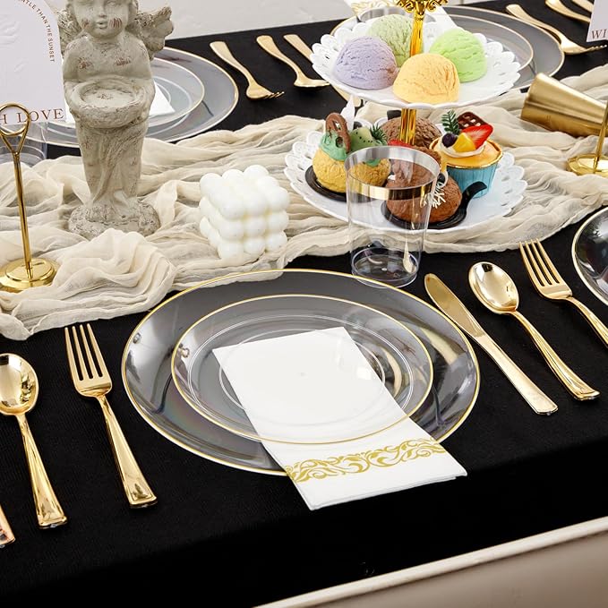 Supernal 350PCS Clear and Gold Plastic Dinnerware Set Include Clear Disposable - Image 6