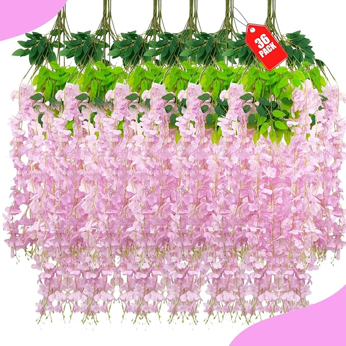 36 Pack Pink Wisteria Hanging Flowers, 3.44 Ft Fake Hanging Flowers, Artificial by ZEBMOON