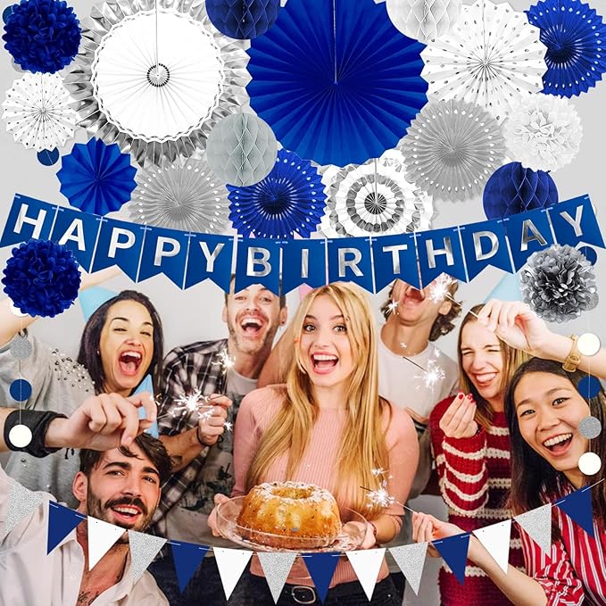 Navy Blue and Silver Happy Birthday Party Decoration 24Pcs Hanging Paper Fans - Image 5