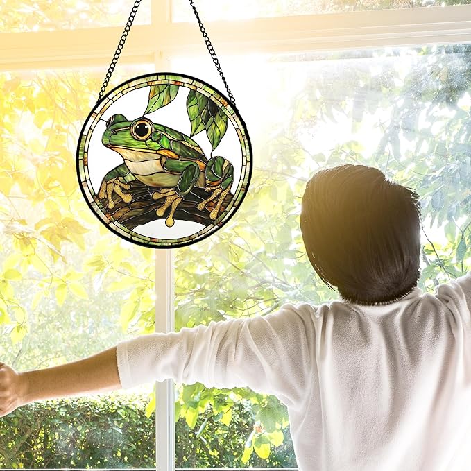 Stained Glass Window Hanging, Frog Green Leaf Sun Catchers Colorful Glass Panel - Image 3