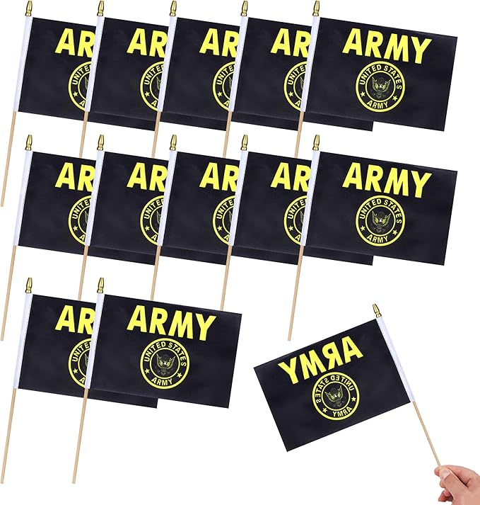 12Pcs Small USA Gold Crest Flags on Wooden Stick Mini Military Flag Hand Held by HSQCEZ