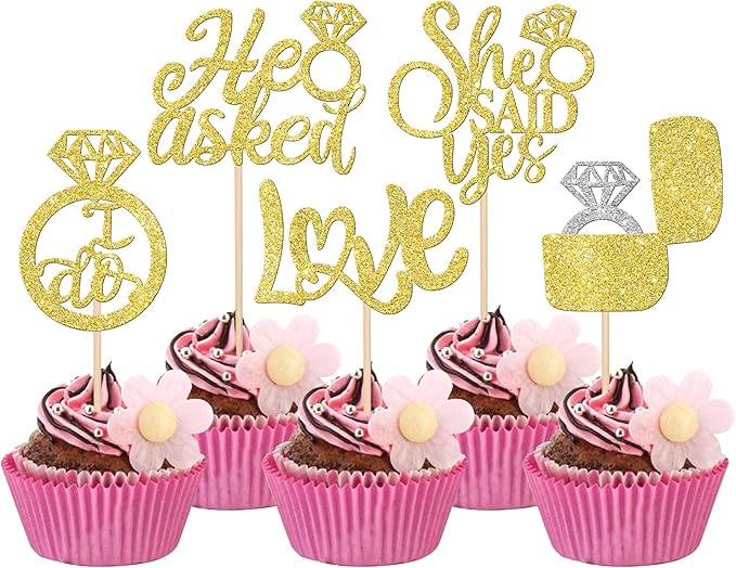 30 PCS He Asked She Said Yes Cupcake Toppers Love I Do Diamond Ring Cupcake - Image 8