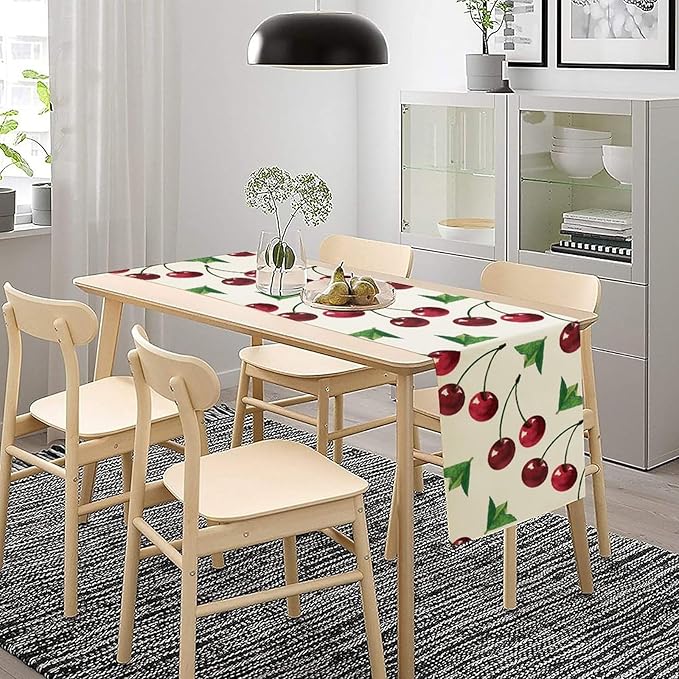 Red Cherry Table Runner Watercolor Tropical Fruit Spring Summer Wild Berry - Image 3