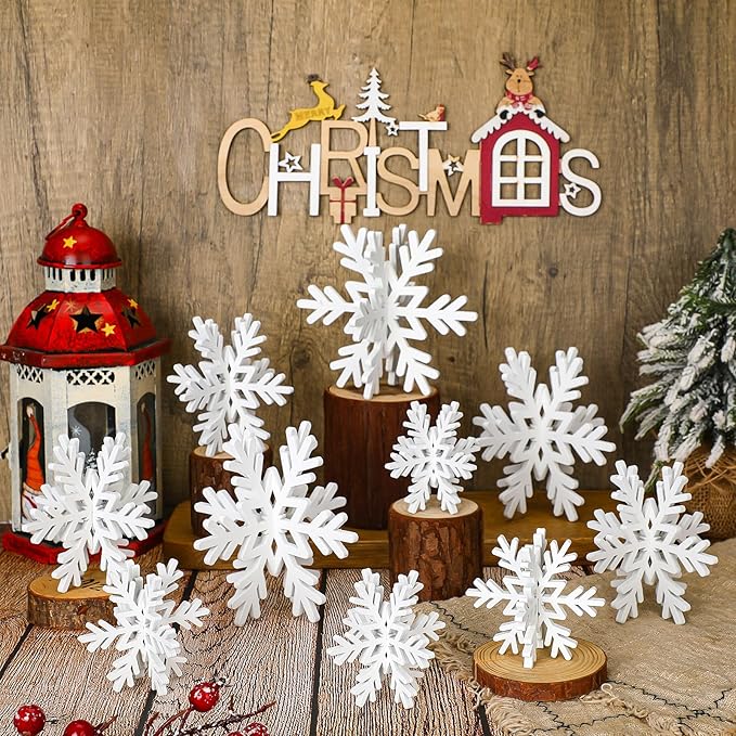 Qunclay 20 Pcs Wooden Snowflake Decorations 3D Snowflake Tabletop Decor by Qunclay