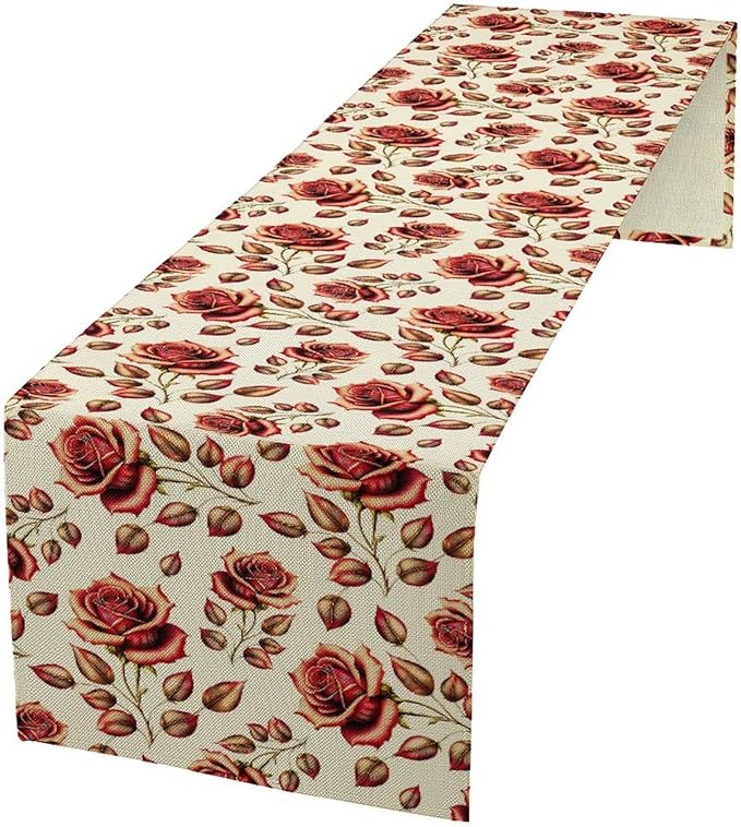 Retro Rose Table Runner, Romantic Love Elegant Plant Red Golden Flower Print by Unknown