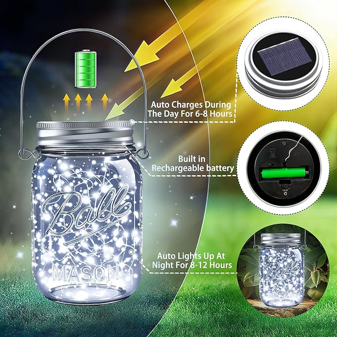 ZNYCYE Solar Mason Jar Lights, 6 Pack 30 LED Waterproof Solar Fairy Firefly Jar - Image 4