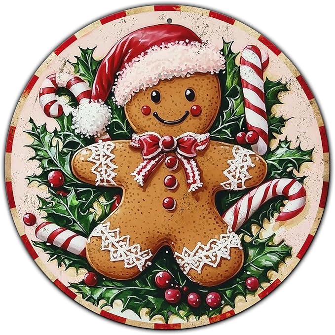 Round Christmas Metal Tin Sign Rustic Wall Decor Gingerbread Man Vintage Tin by GJXFTPTTBD
