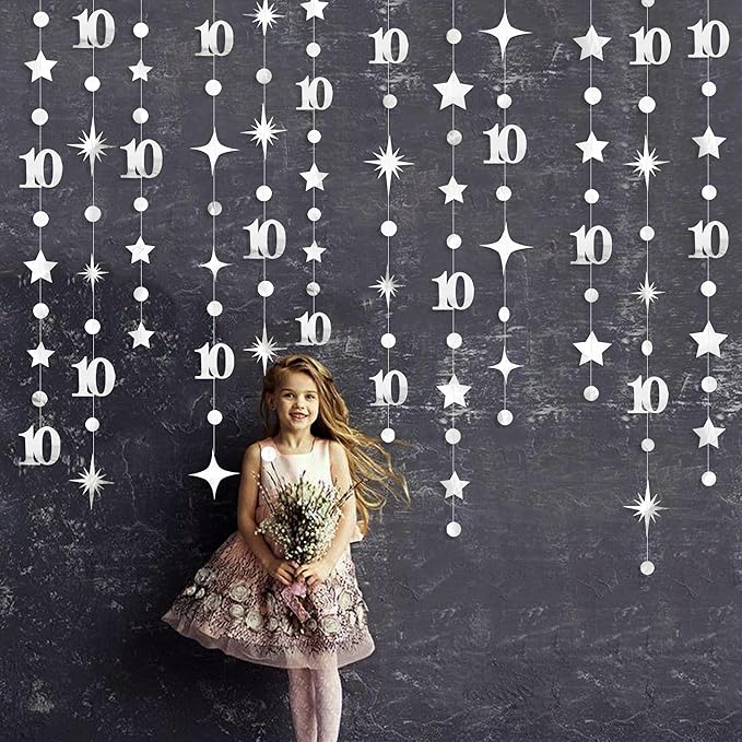 Silver 10th Birthday Decorations Number 10 Circle Dot Twinkle Star Garland - Image 4