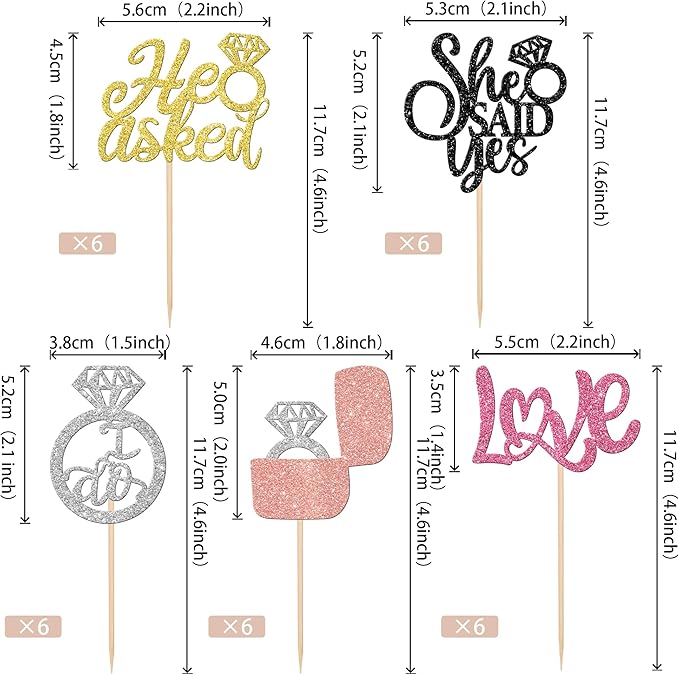 30 PCS He Asked She Said Yes Cupcake Toppers Diamond Ring Cupcake Picks Love I - Image 2