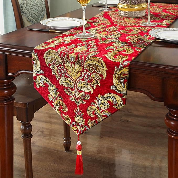 Luxury Vintage Embroidered Jacquard Table Runner Chenille Cloths by HeMiaor