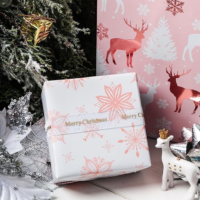 LeZakaa Christmas Pink Wrapping Paper Jumbo Roll, Reindeer & Snowflake - Image 4