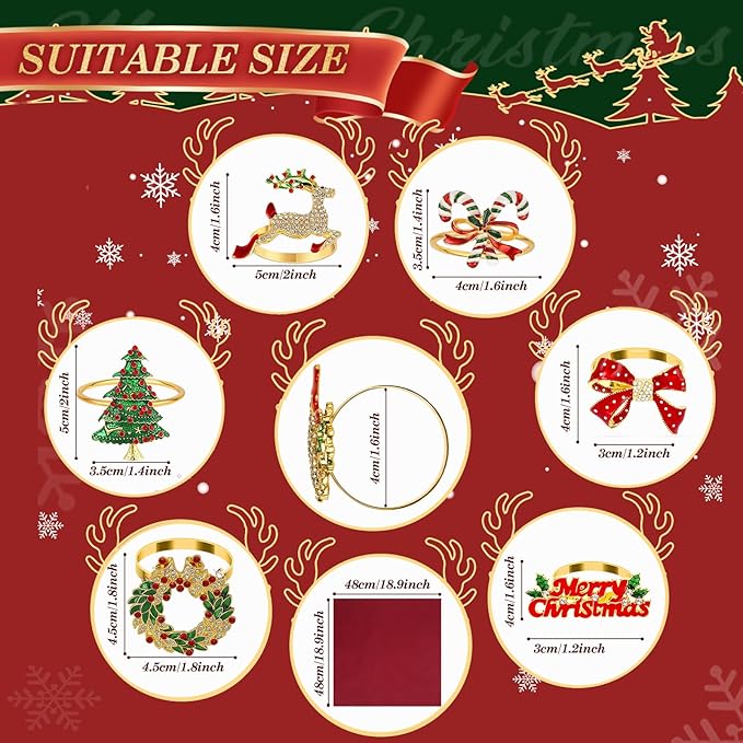 KPOSIYA 12PCS Christmas Napkin Rings Set of 6 and 6pcs Red Napkins Cloth - Image 5