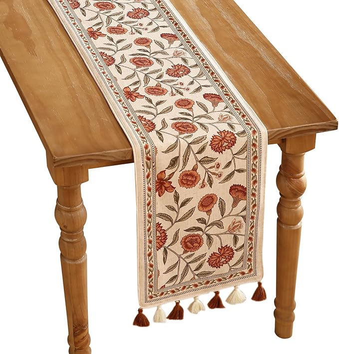 ISAENNE Designer Elegant Linen Table Runner 87 Inches Long, Vintage Orange by Isaennehomedecoration