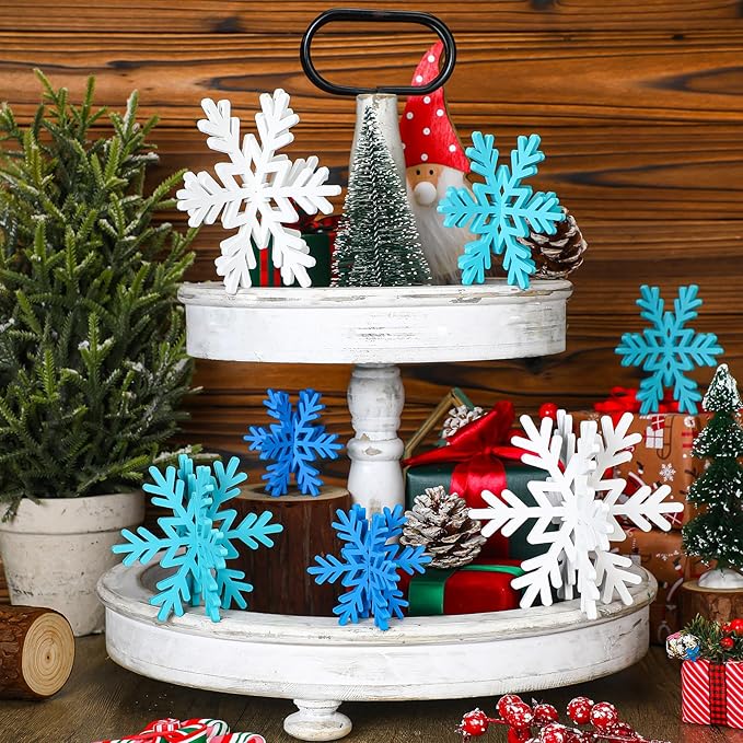 Qunclay 20 Pcs Wooden Snowflake Decorations 3D Snowflake Tabletop Decor - Image 5