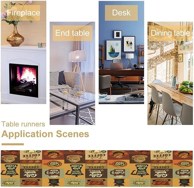 Coffee Table Runner, Vintage Style Coffee Beans Cups Theme Design Pattern Print - Image 5