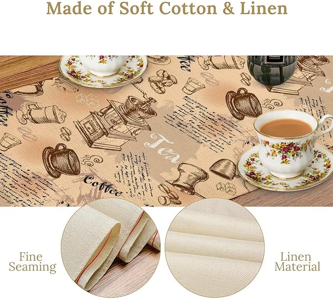 Coffee Theme Table Runner, Rustic Farmhouse Coffee Cup Tea Party Cafe Table - Image 5