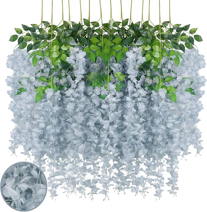 24 Pack Grey Wisteria Hanging Flowers Garland, 3.77 Feet Artificial Flower Vines by Luerbi