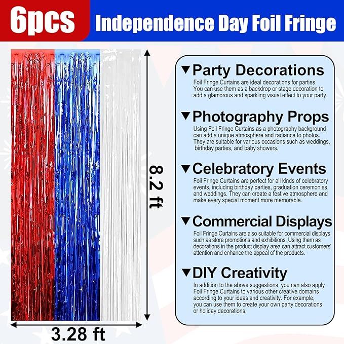 6 Pack White Blue Red Foil Fringe Curtain Backdrop, 3.28Ft x 8.2Ft Metallic - Image 2