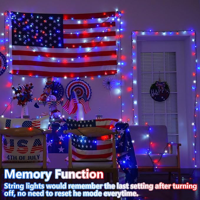 YEGUO 4th of July Decorations Red White and Blue Lights, 66ft 200 LED String - Image 5